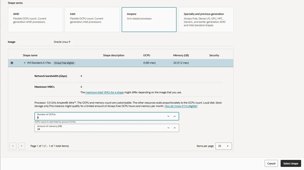Configuration 4 OCPU 24 Go RAM — VM.Standard.A1.Flex