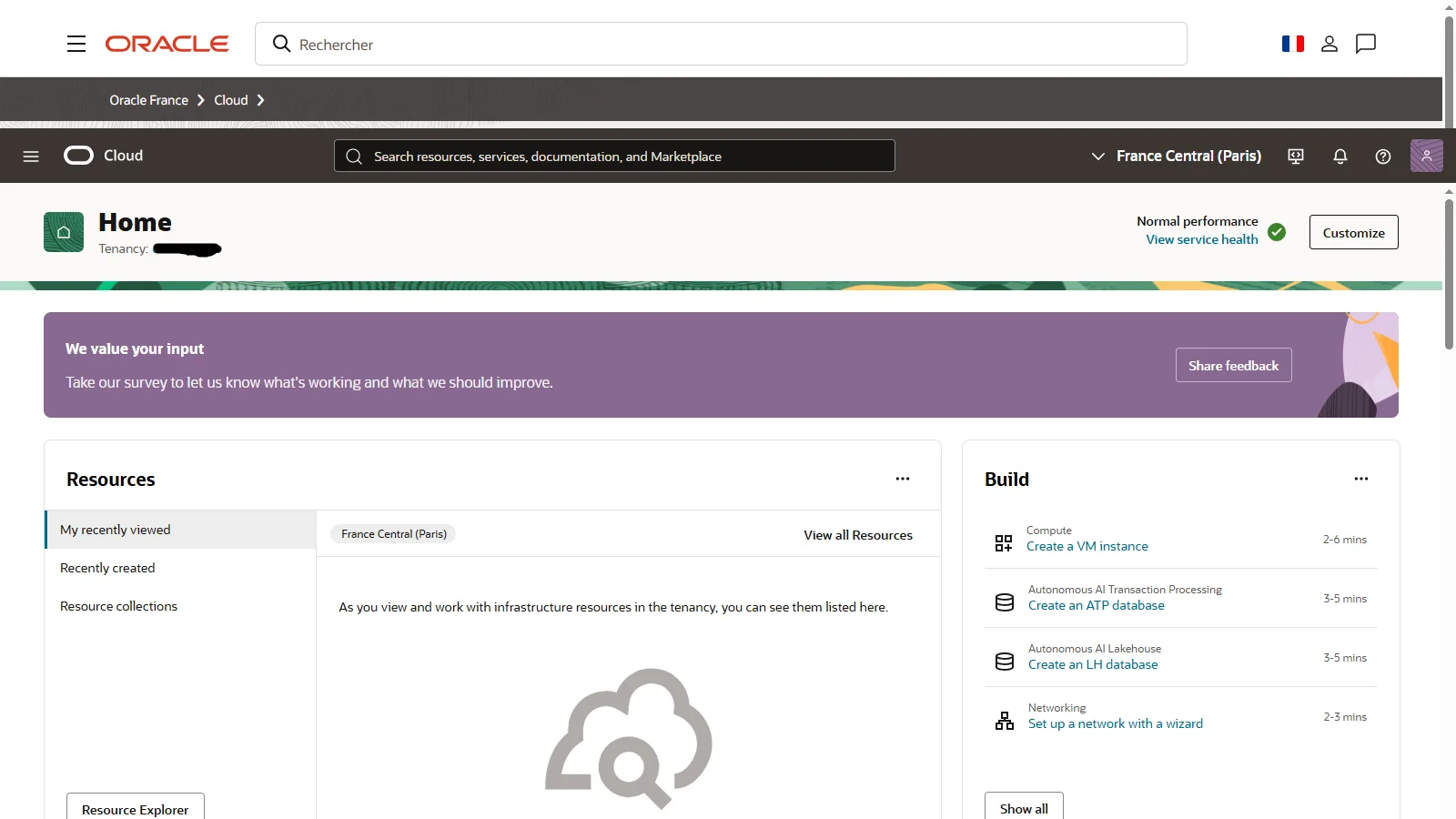 Dashboard Oracle Cloud — colonne Build avec Create a VM instance