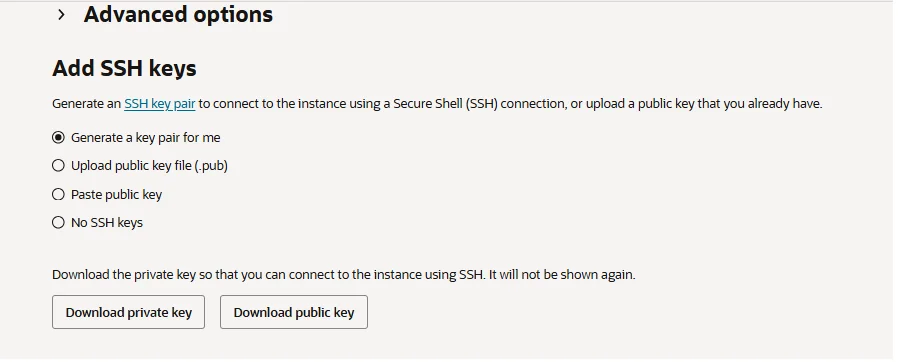 Étape Add SSH keys — Generate a key pair for me sélectionné