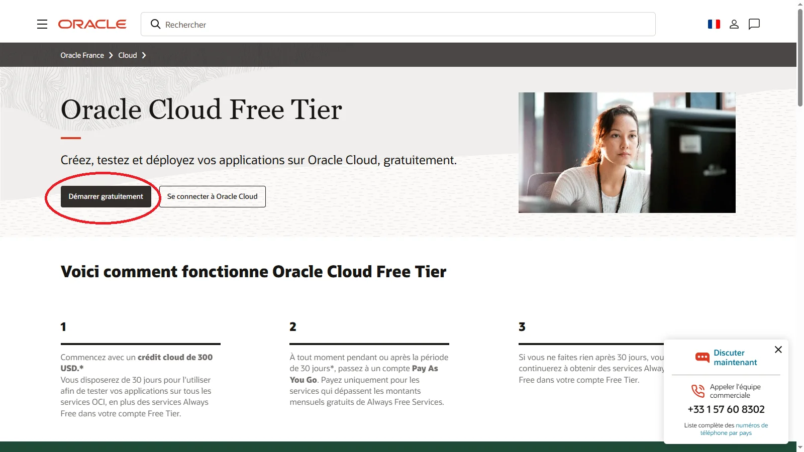 Page Oracle Cloud Free Tier — Démarrer gratuitement