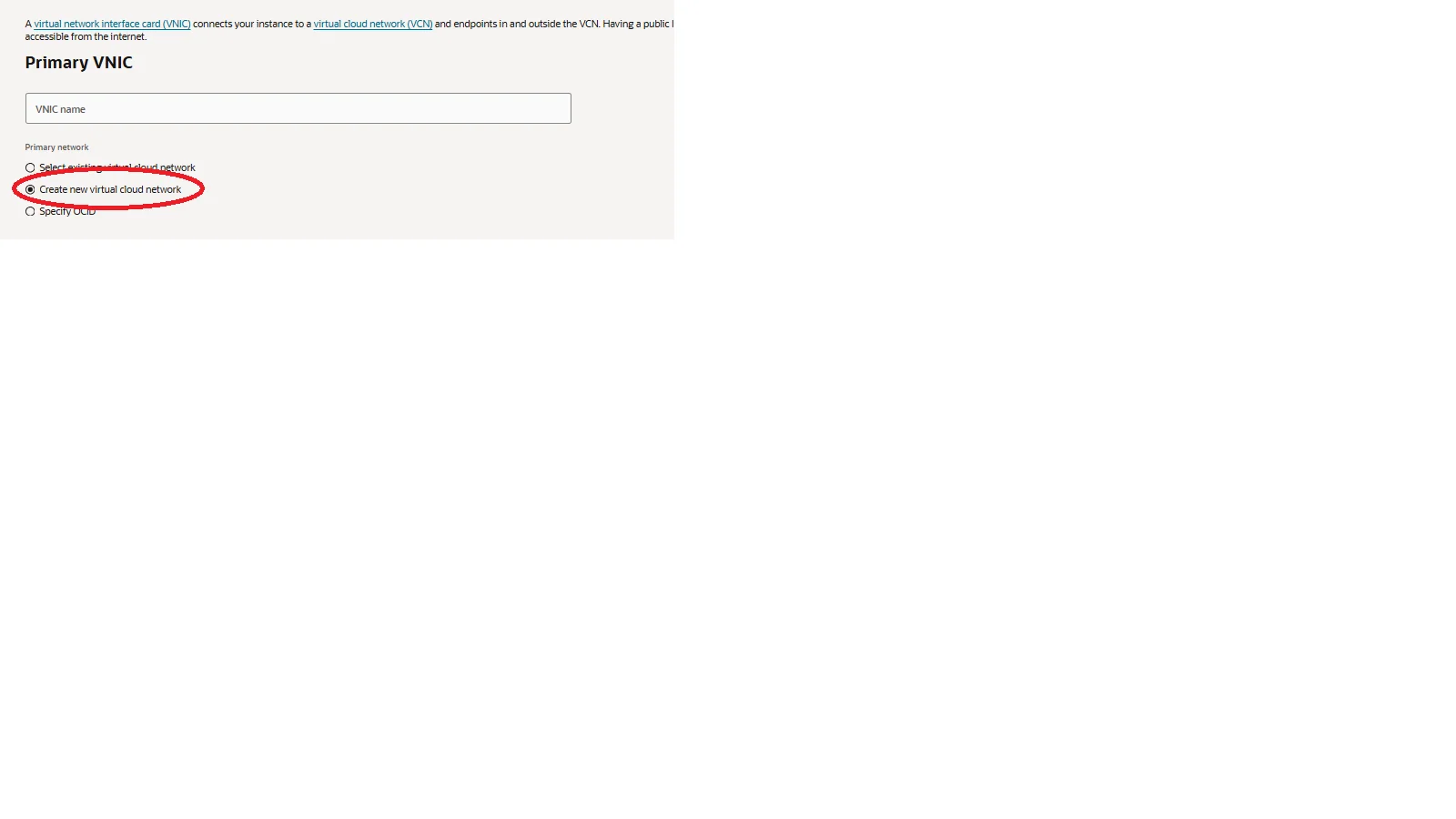 Sélection Create new virtual cloud network